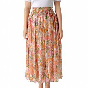 Buru Floral Maxi Skirt XS Smocked Waist Multicolor Lined Long Skirt